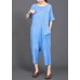 French cotton jumpsuit pants fine blue Solid Color Casual Loose Comfortable Jumpsuit