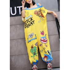 oversize summer women cotton Slash neck jumpsuit pants casual prints short sleeve jumppsuit pants